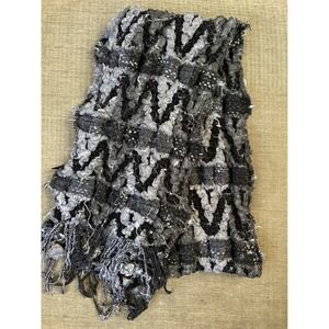 Textured Scarf Black Gray Woven Knit Fringe Accent Unique Grunge